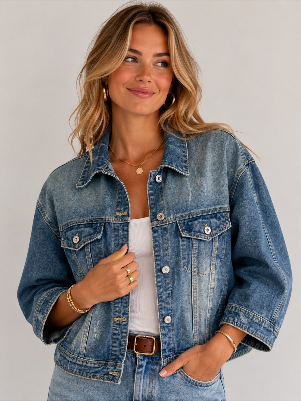 Umgee Women’s Large Distressed Medium Wash 3/4 Sleeve Jean Jacket